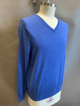 Mens, Pullover Sweater, J.CREW, Cornflower Blue, Wool, Solid, L, Knit, V-neck, Long Sleeves