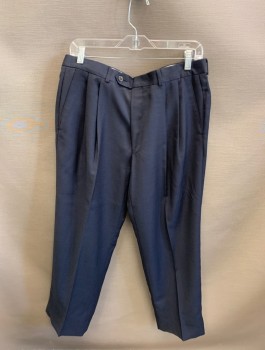 CHAPS, Navy Blue, Wool, Solid, 2 Pleated Pant, with Belt Loops