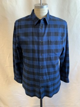 Mens, Casual Shirt, VINCE, Black, Midnight Blue, White, Cotton, Plaid, Herringbone, L, Long Sleeves, 7 Black Buttons, Pleated Back, Chest Pocket, Cuff Sleeves with 2 Black Buttons,