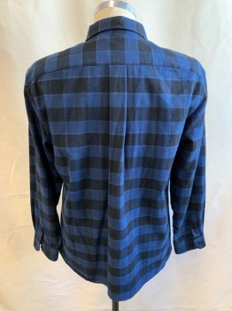 Mens, Casual Shirt, VINCE, Black, Midnight Blue, White, Cotton, Plaid, Herringbone, L, Long Sleeves, 7 Black Buttons, Pleated Back, Chest Pocket, Cuff Sleeves with 2 Black Buttons,