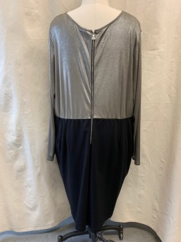 Womens, Cocktail Dress, 6TH & LANE , Silver, Black, Polyester, Rayon, Color Blocking, 28, Silver Bodice, V-neck, Pleated From Bust to Waist in "V" Shape, Long Sleeves, Black Solid Skirt, Hem at Knee, Zip Back