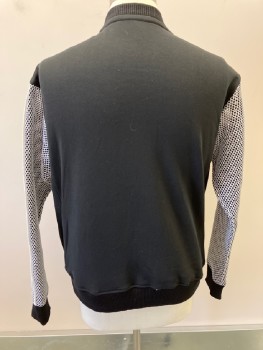 Mens, Pullover Sweater, JAMES LONG, White, Black, Polyester, Novelty Pattern, Solid, M, CN, Solid Back, Overlay of White Honeycomb Mesh Front & Sleeve 2 Side Pockets, Ribbed Knit Neck,waist And Cuffs