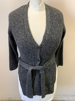Womens, Sweater, JOSEPH A, Lt Gray, Dk Gray, Polyester, Acrylic, Solid, S, Button Front,  2 Pockets, with Self  Belt Attached