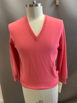 Mens, Pullover Sweater, BROOKS BROTHERS, Pink, Cashmere, Solid, M, L/S, V-N, Multiples