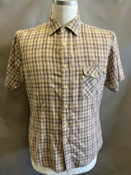 LEVI'S, Khaki Brown, White, Brown, Baby Blue, Poly/Cotton, Plaid, C.A., B.F., S/S, 2 Patch Pocket with Flaps