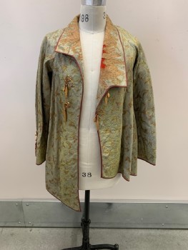 NO LABEL, Green, Synthetic, Abstract , Gray With Burgundy Embroidered Butterflies, Khaki & Black Grid Overlay, Lime Green Diagonal Stripes, Lapel With Brown Trim, Gold Metallic Loops On Front, No Closures, Asymmetrical Hem