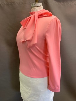 Womens, Top, CHIC WISH, Bubble Gum Pink, Polyester, Solid, L/XL, Pullover, High Pleated Neck, Off Center, Neck Tie Attached, L/S
