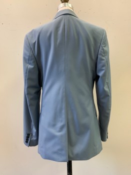 TOPMAN, Blue-Gray, Polyester, Viscose, Solid, Single Breasted, 1 Bttn, Notched Lapel, 2 Flap Pkts, CB Vent, Marbled Black Bttns.