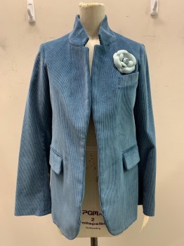 Womens, Blazer, ZADIG & VOLTAIRE, Dusty Blue, Cotton, Solid, 2, Widewale Corduroy, Single Breasted, No Buttons, Notched Lapel, 3 Pockets, Textured Light Blue Leather Rosette Broach, 5 Button Split Cuff