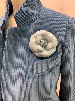 Womens, Blazer, ZADIG & VOLTAIRE, Dusty Blue, Cotton, Solid, 2, Widewale Corduroy, Single Breasted, No Buttons, Notched Lapel, 3 Pockets, Textured Light Blue Leather Rosette Broach, 5 Button Split Cuff