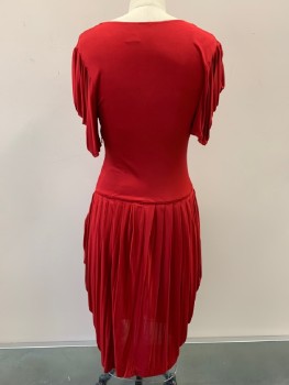 Womens, Cocktail Dress, NO LABEL, Red, Viscose, Solid, S, Draped Short Sleeves, V Neck, Pleated Bottom, Side Zipper