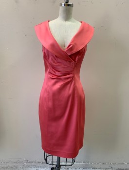 Womens, Cocktail Dress, KAY UNGER, Bubble Gum Pink, Acetate, Polyamide, Solid, 2, Satin, Surplice Top, Shawl Collar, Horizontal Pleats at Front Panel, Sleeveless, Back Zip, Knee Length *small Tear at Back Slit*