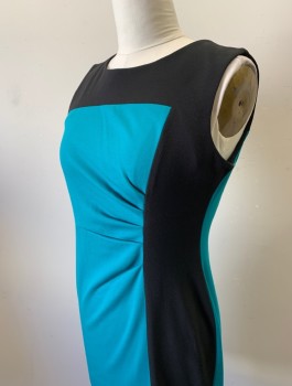 Womens, Dress, Sleeveless, CALVIN KLEIN, Turquoise Blue, Black, Poly/Cotton, Color Blocking, Sz.12, Jersey, Alternating Geometric Panels of Turquoise/Black, Round Neck,  Ruched Detail at Side Wast, Fitted, Knee Length, Invisible Zipper in Back