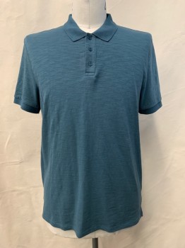 Vince, Teal Blue, Cotton, Heathered, S/S, Collar Attached, 3 Buttons