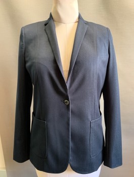Womens, Blazer, T. TAHARI, Midnight Blue, Polyester, Viscose, Solid, 8, Single Breasted, 1 Button, Narrow Notched Lapel, 2 Patch Pocket,
