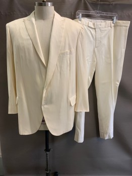 NO LABEL, Cream, Wool, Polyester, Stripes - Pin, 2 Buttons, Single Breasted, Peaked Lapel, 3 Pockets,