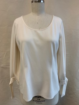ANN TAYLOR, Ivory White, Polyester, Spandex, Solid, L/S With Ties At Wrists, Scoop Neck,
