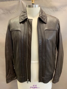 Mens, Leather Jacket, ANDREW MARC, Chocolate Brown, Leather, Solid, C: 44, L, Zip Front, Zipper Pockets, Silver Chrome Notions, Underarm Vents