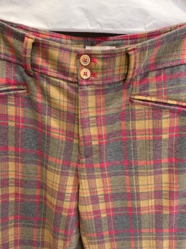 Womens, Pants, ANTHROPOLOGIE, Mustard Yellow, Dk Gray, Magenta Pink, Polyester, Viscose, Plaid, 8, 2 Welt Pockets O Front & Back, Zip Front, Bell Bottoms
