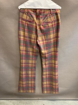 ANTHROPOLOGIE, Mustard Yellow, Dk Gray, Magenta Pink, Polyester, Viscose, Plaid, 2 Welt Pockets O Front & Back, Zip Front, Bell Bottoms