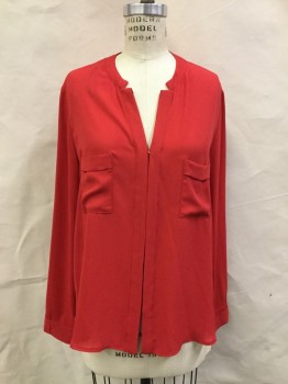 RO & DE, Red, Polyester, Solid, Conceal Button Front, V-neck, Split Crew Neck, 2 Pockets, Long Sleeves with Button Cuffs, Crepe