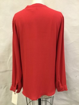 RO & DE, Red, Polyester, Solid, Conceal Button Front, V-neck, Split Crew Neck, 2 Pockets, Long Sleeves with Button Cuffs, Crepe