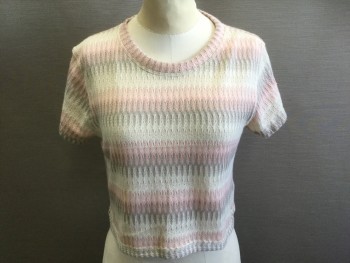 WE THE FREE, Lt Pink, Cream, Lt Gray, Polyester, Viscose, Stripes - Horizontal , Zig-Zag , Light Pink, Cream and Light Gray Zig Zagged Horizontal Stripes, Lightweight Knit, Short Sleeves, Crew Neck, Cropped Length with Boxy Fit