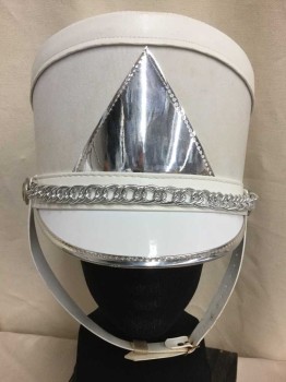 Unisex, Marching Band, Hat, FRUHAUF UNIFORMS, White, Silver, Faux Leather, Plastic, Solid, 6 7/8, White Hat with Silver Triangle/Buttons/Chain, Chin Strap, Multiples