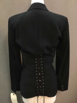 Womens, Blazer, Jean Paul Gautier, Black, Wool, Solid, 4, Half Zip Front, Bandage Strips At Front, Long Sleeves, 3 Buttons On Each Cuff, Notch Lapel, Back Center Lace Up Detail, Hidden Pockets