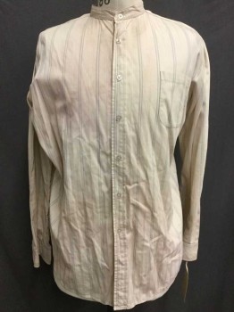 Beige, Gray, Cotton, Stripes, Beige with Blue Stripes, Button Front, Collar Band, 1 Pocket, Long Sleeves, Aged,