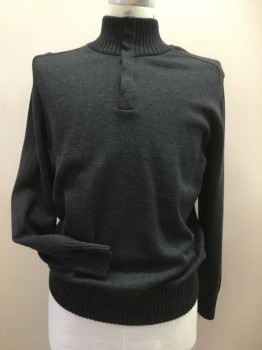Mens, Pullover Sweater, BOSS, Slate Blue, Wool, Solid, XXL, Snap Turtle Neck, Rib Knit, Long Sleeves,