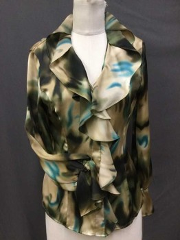 JONES NEW YORK, Tan Brown, Brown, Teal Green, Beige, Polyester, Abstract , BLOUSE:  Tan/beige,brown,teal Green Abstract Print, Collar Attached W/ruffle Front, Button Front, Long Sleeves, Bias Cut Cuffs W/1 Button