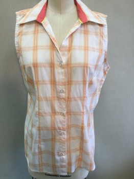 BASIC EDITIONS , White, Pink, Yellow, Cotton, Polyester, Plaid-  Windowpane, Stripes, Sleeveless Button Front, Collar Attached, V-neck