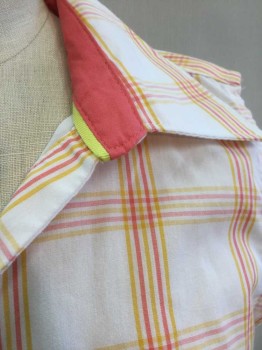 BASIC EDITIONS , White, Pink, Yellow, Cotton, Polyester, Plaid-  Windowpane, Stripes, Sleeveless Button Front, Collar Attached, V-neck