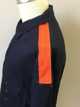 SEAN JOHN , Navy Blue, Orange, Cotton, Solid, Navy with Orange Shoulder & Button Placket Trim, Button Front, Collar Attached, Cuffed Short Sleeve,  2 Flap Pockets,