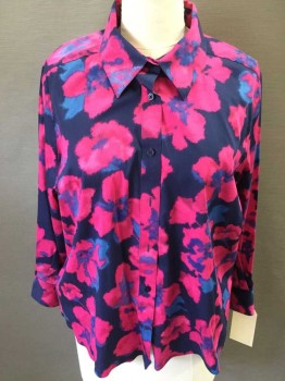 FOXCROFT, Navy Blue, Hot Pink, Blue, Cotton, Floral, Long Sleeves, Button Front, Collar Attached,