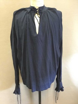 Mens, Historical Fiction Shirt, N/L, Navy Blue, Cotton, Solid, Long Sleeves, Stand Collar W/Self Ties, Puff Sleeves, Ruffles At Cuffs