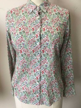 LIBERTY/J CREW, Multi-color, White, Pink, Green, Yellow, Cotton, Floral, White Background with Pink/Green/Cornflower/Lime/Yellow Floral with Leaves/Vines, Long Sleeve Button Front, Collar Attached