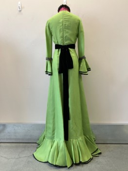Womens, Evening Gown, GUCCI, Lime Green, Black, Pink, Beige, Silk, Beaded, 2, Lime Green Silk Organza, Long Sleeves with Double Ruffle Cuff with Black Silk Ribbon Trim, Rhinestone and Black Beaded Chain Link Appliqué at Cuff, Black Velvet Waistband with Long Bow Tie in Back, Back Zip, Pink Mesh Floral Embroidered Collar with Black Fur Trim, Beige Crepe Silk Front Yoke Heavily Beaded and Embellished, Pink Mesh Above Bust, Double Pleated Ruffle Large Hem with Black Silk Ribbon Trim, Sheer Silk Organza Raw Pieces at Shoulder