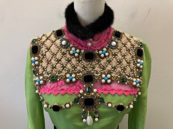 Womens, Evening Gown, GUCCI, Lime Green, Black, Pink, Beige, Silk, Beaded, 2, Lime Green Silk Organza, Long Sleeves with Double Ruffle Cuff with Black Silk Ribbon Trim, Rhinestone and Black Beaded Chain Link Appliqué at Cuff, Black Velvet Waistband with Long Bow Tie in Back, Back Zip, Pink Mesh Floral Embroidered Collar with Black Fur Trim, Beige Crepe Silk Front Yoke Heavily Beaded and Embellished, Pink Mesh Above Bust, Double Pleated Ruffle Large Hem with Black Silk Ribbon Trim, Sheer Silk Organza Raw Pieces at Shoulder