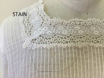N/L, White, Cotton, Solid, Floral, Cotton Batiste with Floral Lace Inlay. Square Neckline, 3/4 Sleeves, Tuck Pleat Detail, Hidden Button Placket at Center Back. Some Stains at Neckline Front Right ( Needs Washing). Repairs Done at Center Back, and Evidence of Previous Stitching,