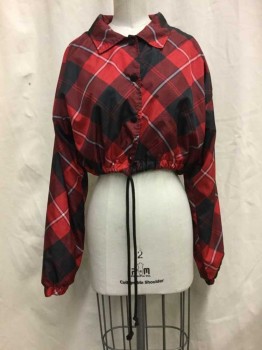 Womens, Casual Jacket, FOREVER 21, Red, Black, White, Synthetic, Plaid, M, Red/black/ White Plaid, Button Front, Collar Attached, Cropped, Drawstring Waist
