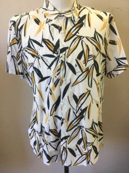 BONOBOS, White, Black, Mustard Yellow, Cotton, Floral, White with Black and Mustard Leaf/Tropical Pattern, Short Sleeve Button Front
