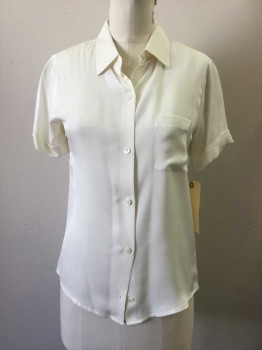 Womens, Top, THEORY, Ecru, Silk, Solid, S, Button Front, Collar Attached, Short Sleeves Cuffed, 1 Pocket,