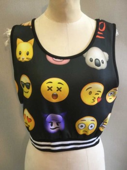LOVE J, Black, Yellow, Red, Gray, Pink, Polyester, Spandex, Human Figure, Animal Print, Black W/yellow,red, Purple, Pink Gray Human and Animal Faces, Cropped, Scoop Neck, Black Trim & Ribbed Knit Black W/white Stripes Hem.