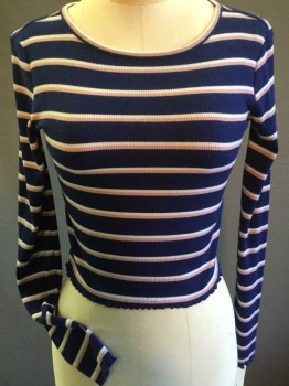 H & M, Navy Blue, Pink, White, Polyester, Viscose, Stripes - Horizontal , Navy W/pink & White Horizontal Stripes, Round Neck,  Long Sleeves,