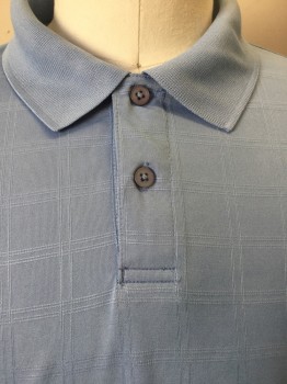 MARC EDWARDS, Baby Blue, Polyester, Plaid-  Windowpane, Baby Blue Double Window Pane Print, Baby Blue Knit Collar Attached, 2 Button Front, Short Sleeves,