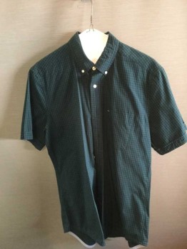 TOMMY HILFIGER, Navy Blue, Green, Cotton, Check , Short Sleeve, Collar Attached, Button Front, 1 Pocket,