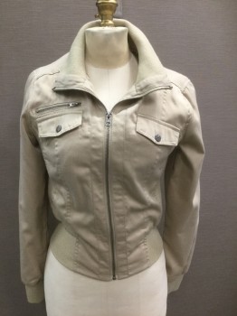 Womens, Casual Jacket, MISS LONDON, Beige, Cotton, Polyester, Solid, M, Twill, Zip Front, Rib Knit Panels at Sides, Waistband, Cuffs and Neck, 3 Pockets, Beige Nylon Lining, Fitted