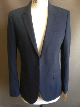 Mens, Sportcoat/Blazer, TOPMAN, Navy Blue, Polyester, Viscose, Solid, 38 R, 1 Button, Peak Lapel, 3 Pockets, Textured Weave